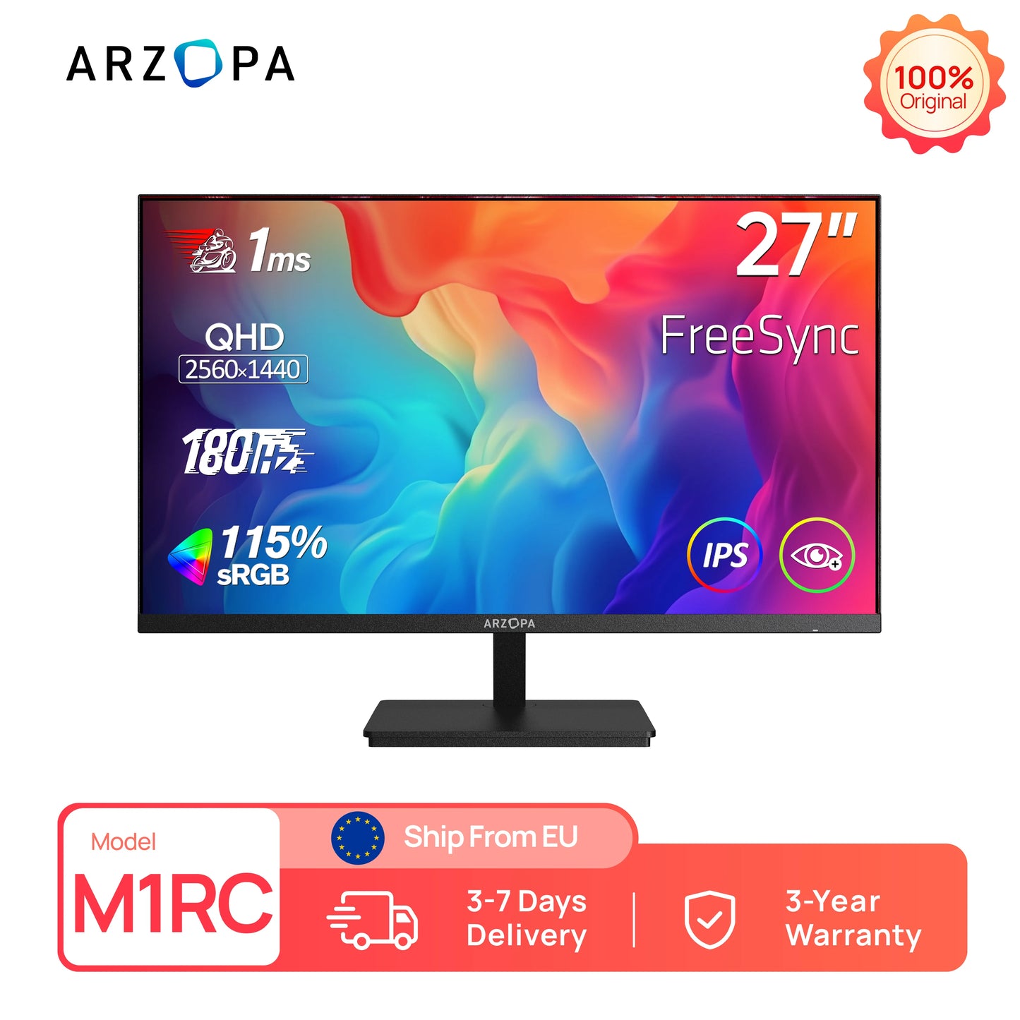 Arzopa M1RC 27" QHD 180Hz Fast IPS Gaming Monitor | 2560x1440, 1ms, G-Sync & FreeSync, HDMI 2.0, DP 1.4, Type-C