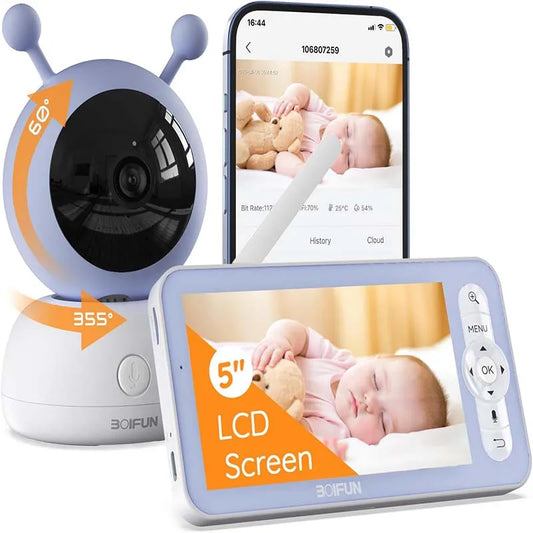 BOIFUN 2K WiFi Baby Monitor Camera – 5" Screen + App Control, Motion & Crying Detection, Auto Tracking, Night Vision, UK Plug