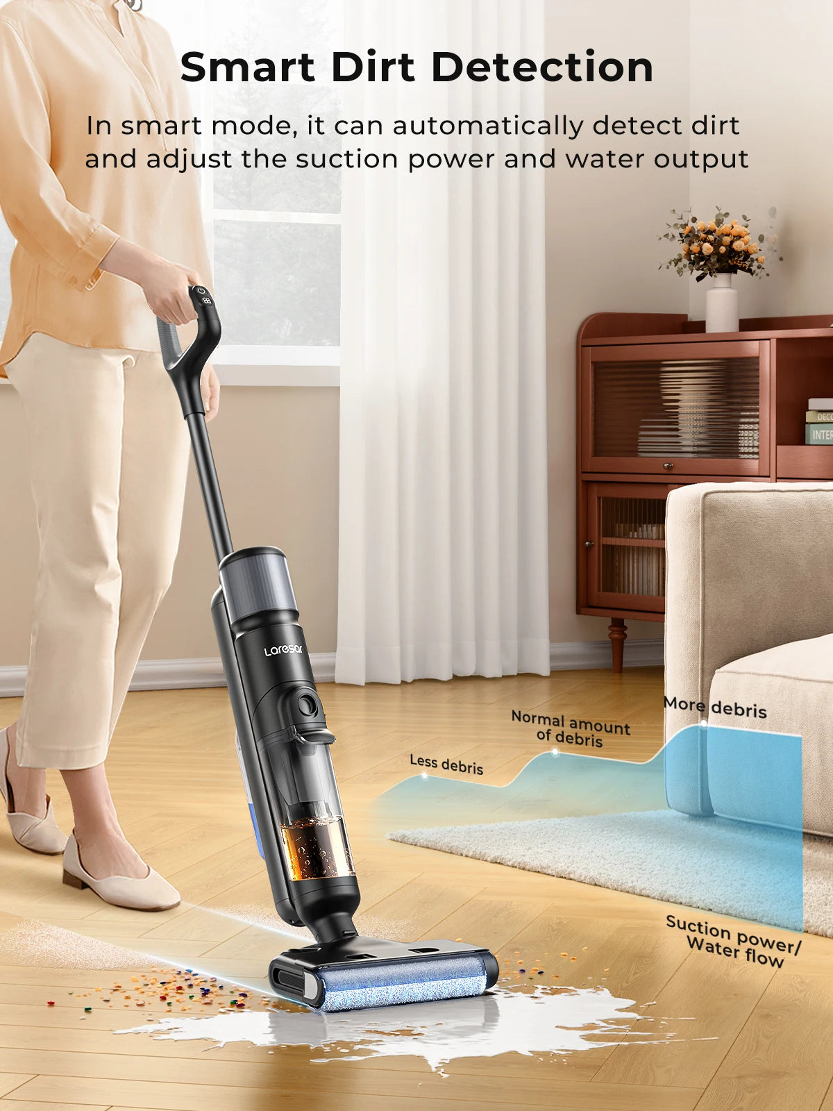 Laresar M3 Cordless Wet Dry Vacuum Cleaner Mop Edge Cleaning 55min Auto Suction Floor Washer Self-Cleaning Smart Home