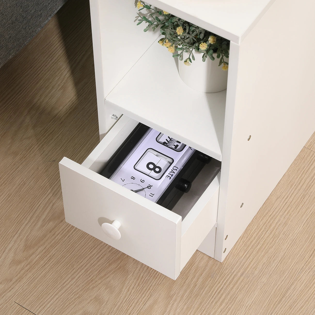BonChoice Slim Tall Bedside Table Cabinet with Drawer & Storage Space for Bedroom, Narrow Sofa Side Table End Table