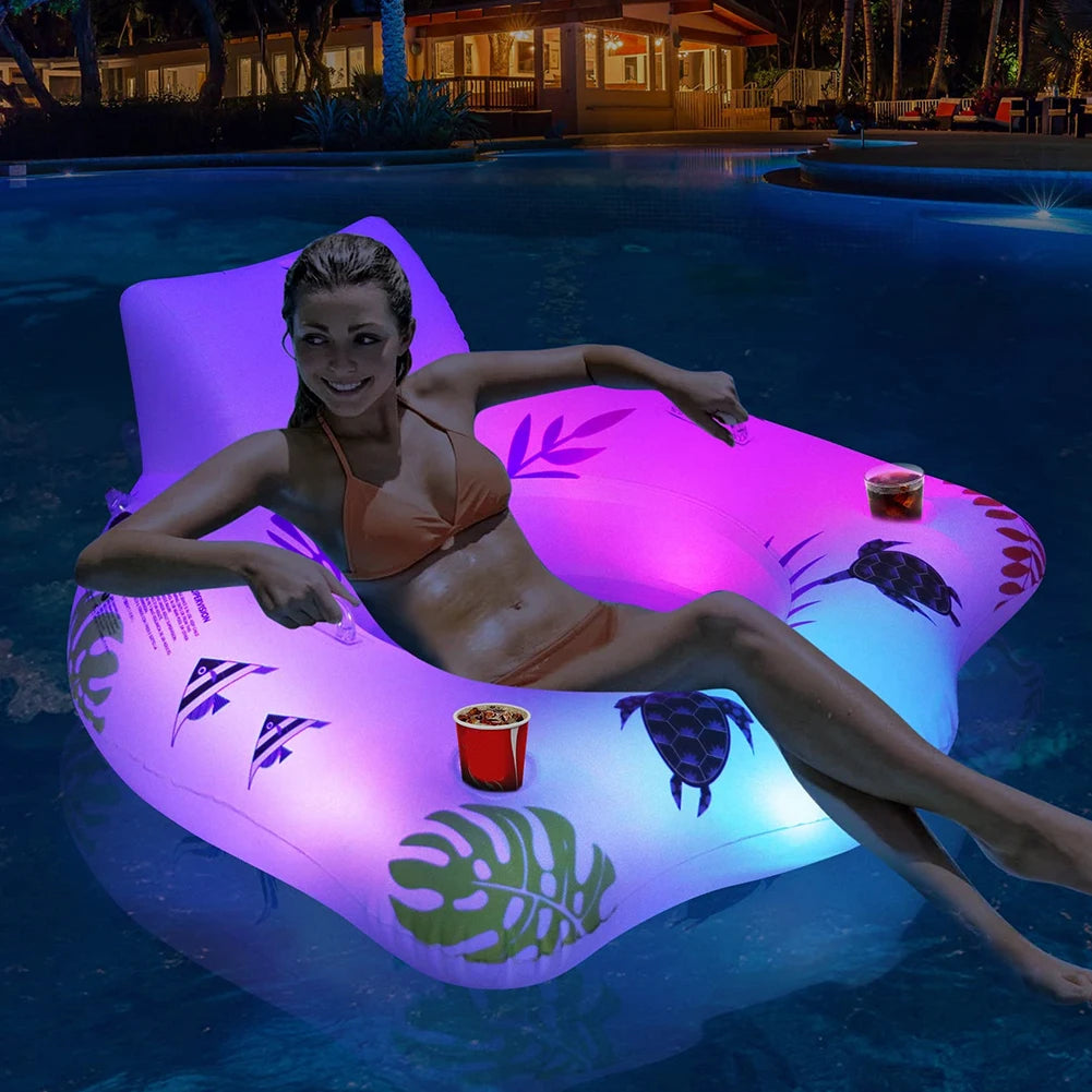 Light-Up Pool Lounger with 2 Cup Holders – Floating Pool Chair for Adults – Inflatable Pool Floaties for Summer Water