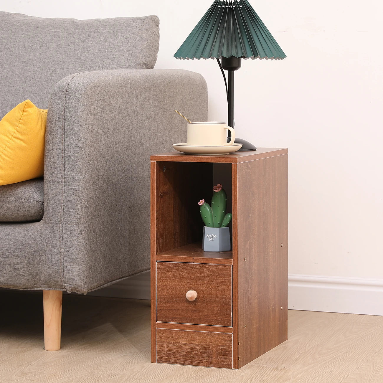 BonChoice Slim Tall Bedside Table Cabinet with Drawer & Storage Space for Bedroom, Narrow Sofa Side Table End Table