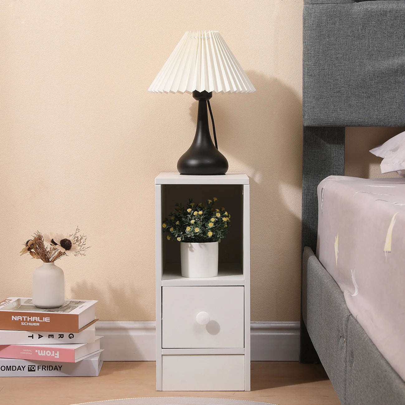 BonChoice Slim Tall Bedside Table Cabinet with Drawer & Storage Space for Bedroom, Narrow Sofa Side Table End Table