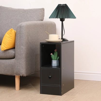 BonChoice Slim Tall Bedside Table Cabinet with Drawer & Storage Space for Bedroom, Narrow Sofa Side Table End Table