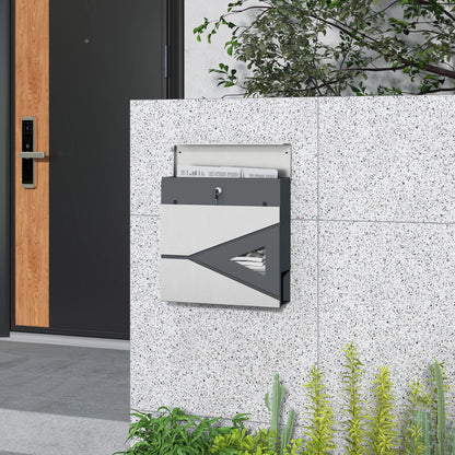 HOMCOM Wall Mounted Post Box - Modern Weatherproof Letterbox with Lock & Keys - Stainless Steel Design for UK Homes