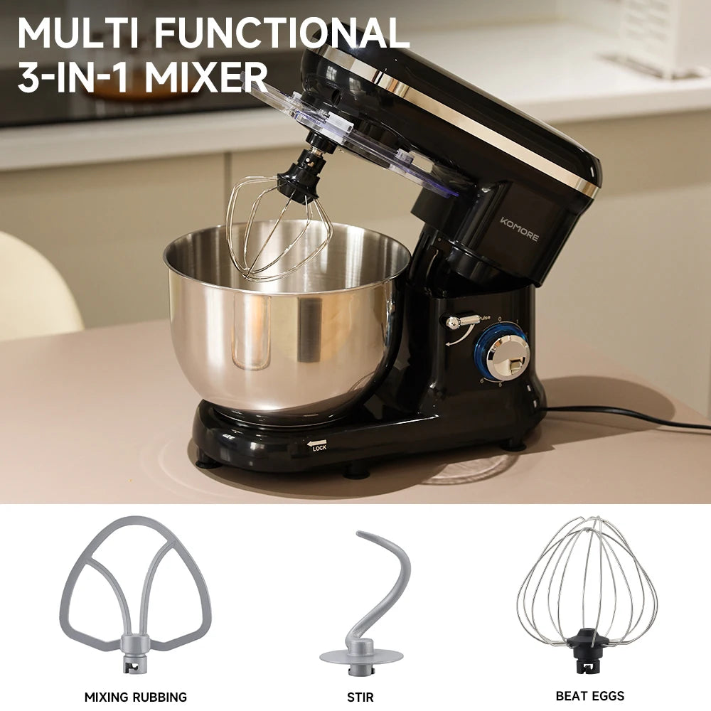 KOMORE 5.5-Quart 1400W Household Stand Mixer – Powerful Electric Kitchen Mixer with Stainless Steel Bowl 6-Speed