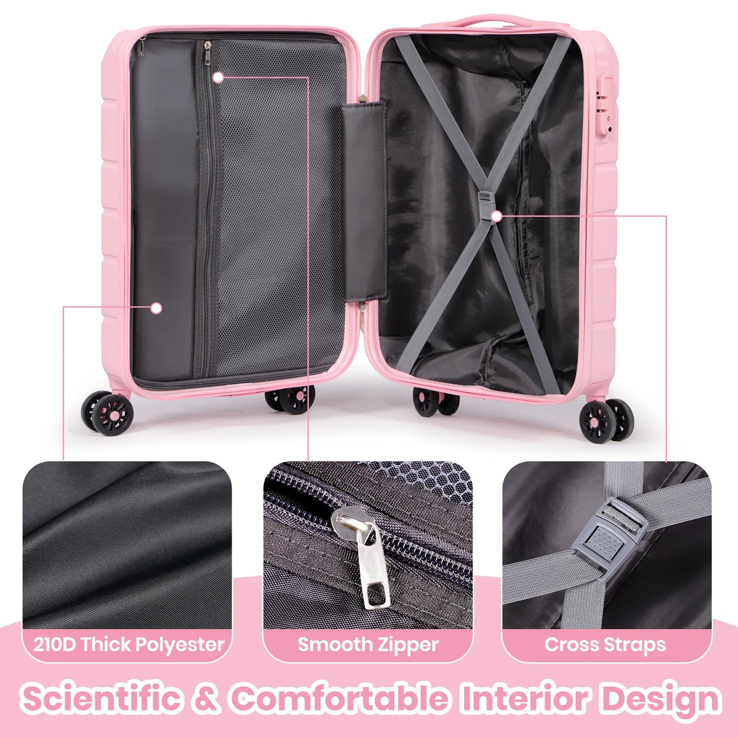 5-Piece ABS Hardshell Luggage Set | TSA Lock, 4 Spinner Wheels, Lightweight Trolley — Pink or Beige