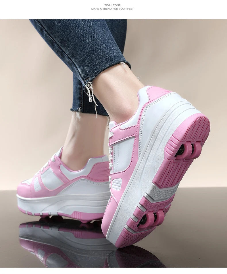 Four wheel roller shoes Boys girls walking shoes Casual outdoor sports slide and shrink school students pulleys shoes