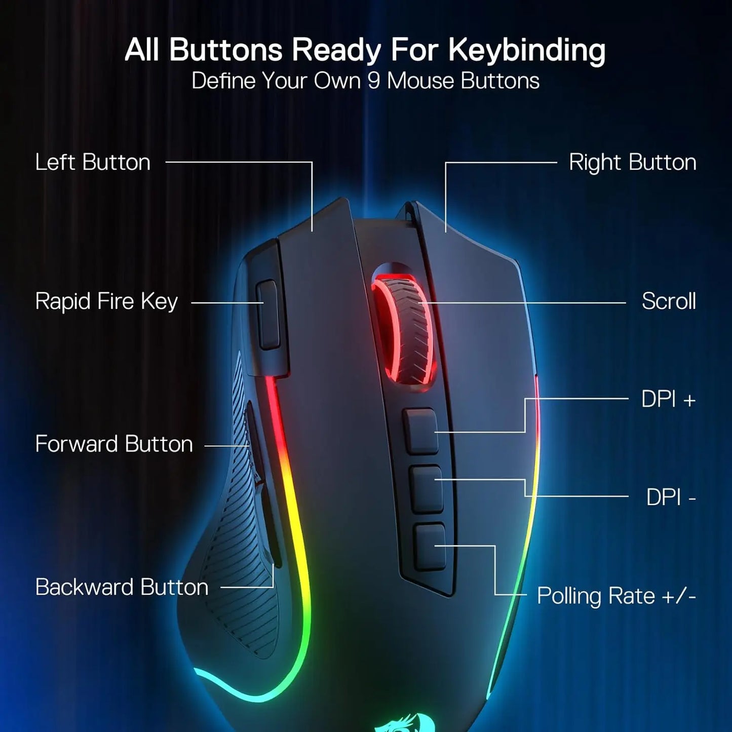 Redragon M612 PRO Wireless Gaming Mouse - 8000 DPI RGB Gaming Mouse with 11 Programmable Buttons for UK Gamers