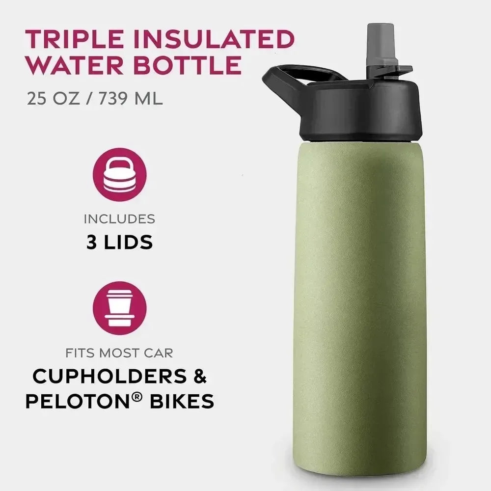 Triple Walled Insulated Water Bottles with Straw  25 Oz Stainless Steel Metal Bottle  Leak Proof Lids  Army Green