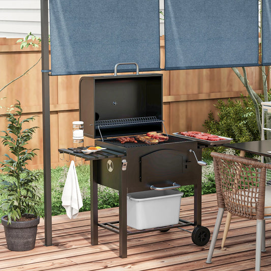 Outsunny Charcoal Grill BBQ Trolley with Adjustable Charcoal Tray Thermometer & Folding Shelves | Smoker & Outdoor
