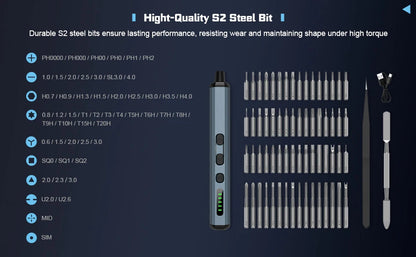 Precision Electric Screwdriver Set 68 in 1 Cordless 64 S2 Precision Drill Bits 5 Torque Settings LED Hand Repair Tool