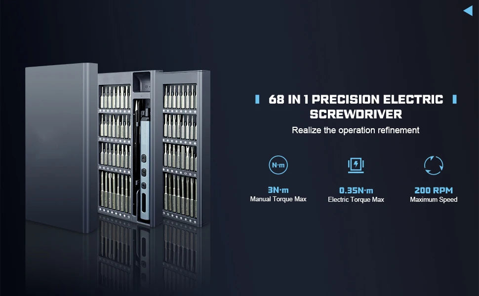 Precision Electric Screwdriver Set 68 in 1 Cordless 64 S2 Precision Drill Bits 5 Torque Settings LED Hand Repair Tool