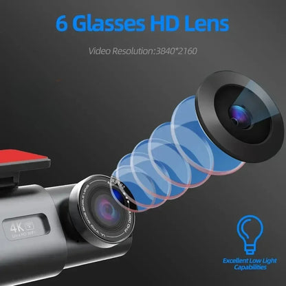 Dash Cam 4K UHD Recording Car Camera DVR Night Vision Video Recorder Built-In Wi-Fi Support GPS 24H Parking