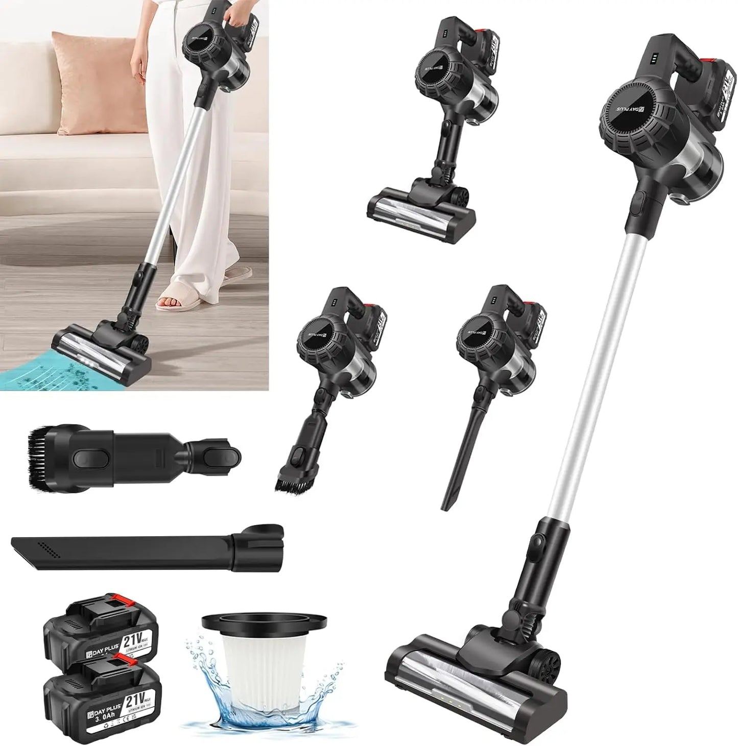 Cordless Vacuum Cleaner,Wall Hanging Stick Vacuum Cleaner 17KPA Pet Hoover Vacuum Cleaner with Tangle-Free Brush,3000mAh Battery