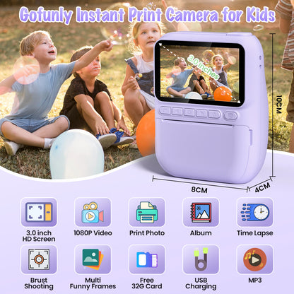 DIAMOOKY Kids Digital Camera - 32MP Instant Print Camera with 3.0 LCD Screen & Creative Kit - Perfect Gift for Ages 6-12