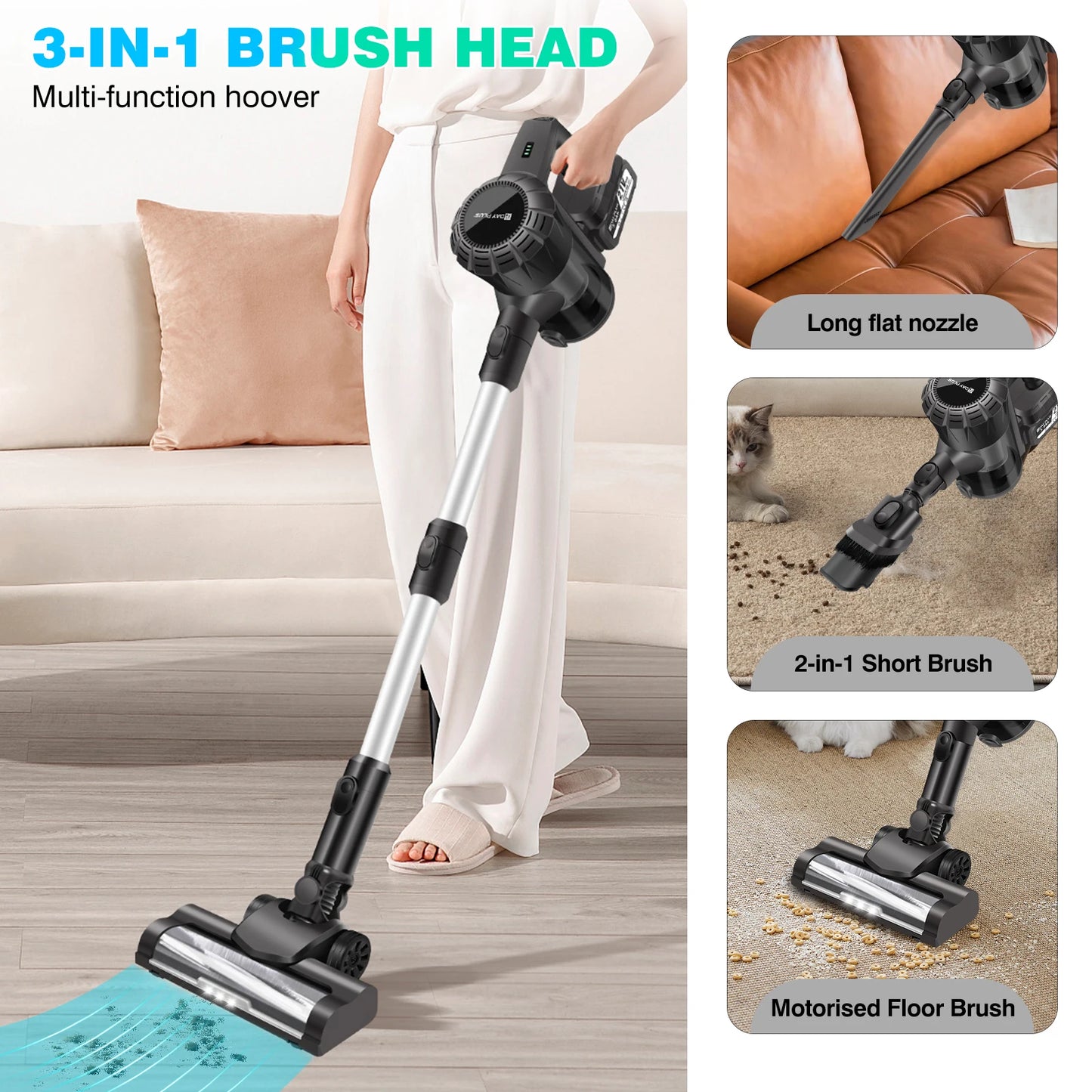 Cordless Vacuum Cleaner,Wall Hanging Stick Vacuum Cleaner 17KPA Pet Hoover Vacuum Cleaner with Tangle-Free Brush,3000mAh Battery