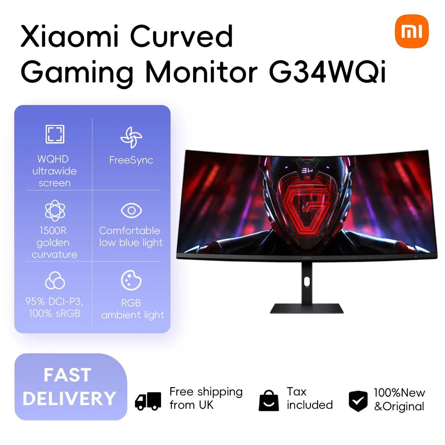 Xiaomi G34WQi 34" Ultrawide Curved Gaming Monitor | 180Hz, 1ms, 3440×1440 WQHD, 1500R, AMD FreeSync Premium — Black, UK Plug