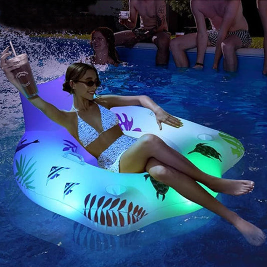 Light-Up Pool Lounger with 2 Cup Holders – Floating Pool Chair for Adults – Inflatable Pool Floaties for Summer Water