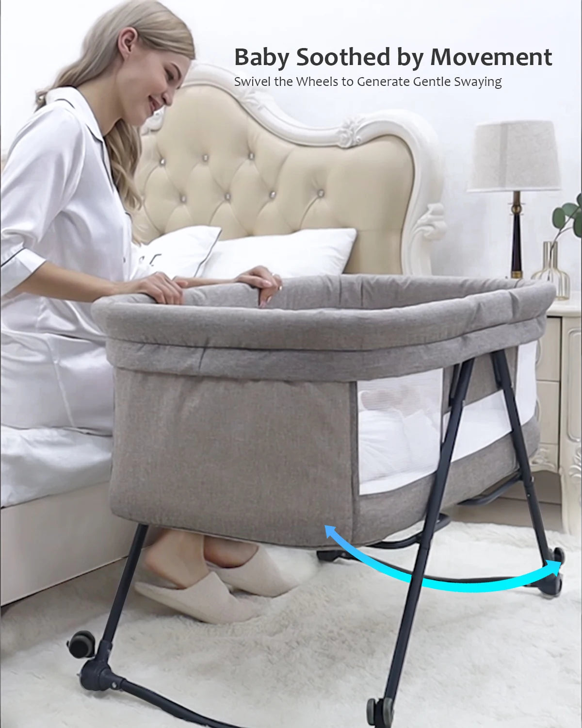 UBRAVOO Baby Grab-and-go Travel Cot with Mattress & Silent Wheels | Rocking Convertible Crib with Mesh Sides – Model