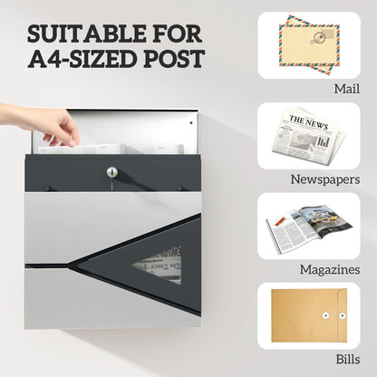 HOMCOM Wall Mounted Post Box - Modern Weatherproof Letterbox with Lock & Keys - Stainless Steel Design for UK Homes