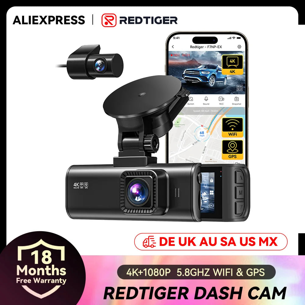 REDTIGER F7NP-EX 4K+1080P Dash Cam Built-in 5.8GHz Wifi And GPS Dash Camera Night Vision Recorder APP Control 24H Parking Monito
