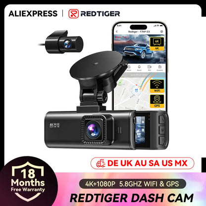 REDTIGER F7NP-EX 4K+1080P Dash Cam Built-in 5.8GHz Wifi And GPS Dash Camera Night Vision Recorder APP Control 24H Parking Monito