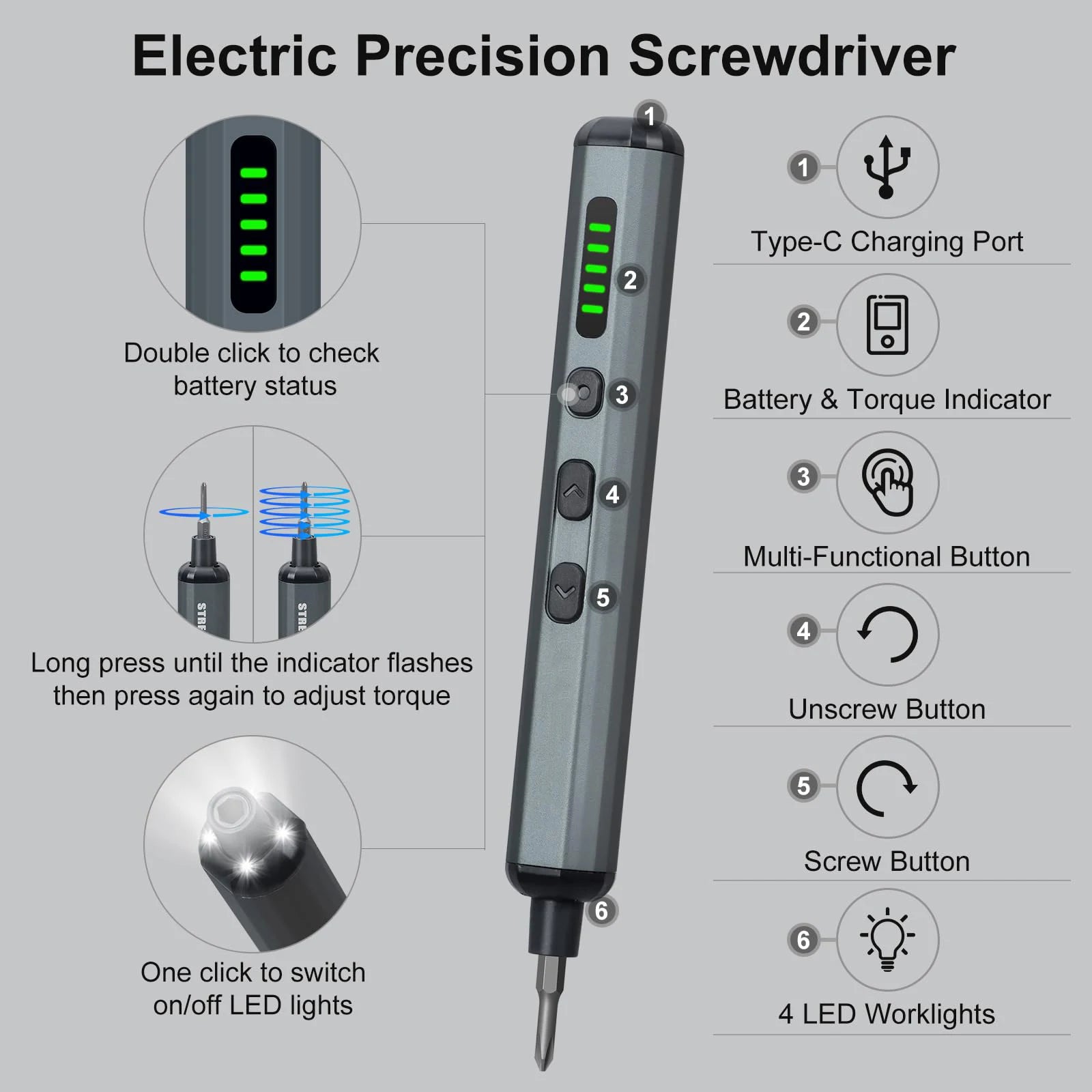Precision Electric Screwdriver Set 68 in 1 Cordless 64 S2 Precision Drill Bits 5 Torque Settings LED Hand Repair Tool
