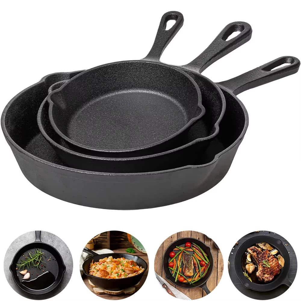 3pc Frying Pan Cast Iron Uncoated Black For Food Frying, Cooking And Stir-Frying Non-Stick Frying Pans Omelette Pan