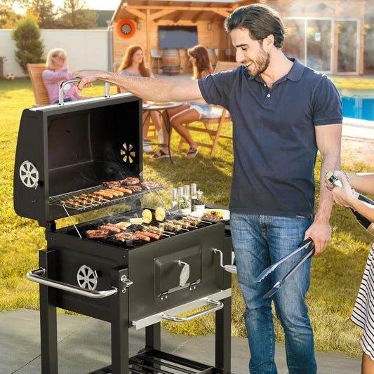 Portable Charcoal Grill with Wheels & Folding Table | Built-in Thermometer Adjustable Charcoal Tray BBQ Smoker