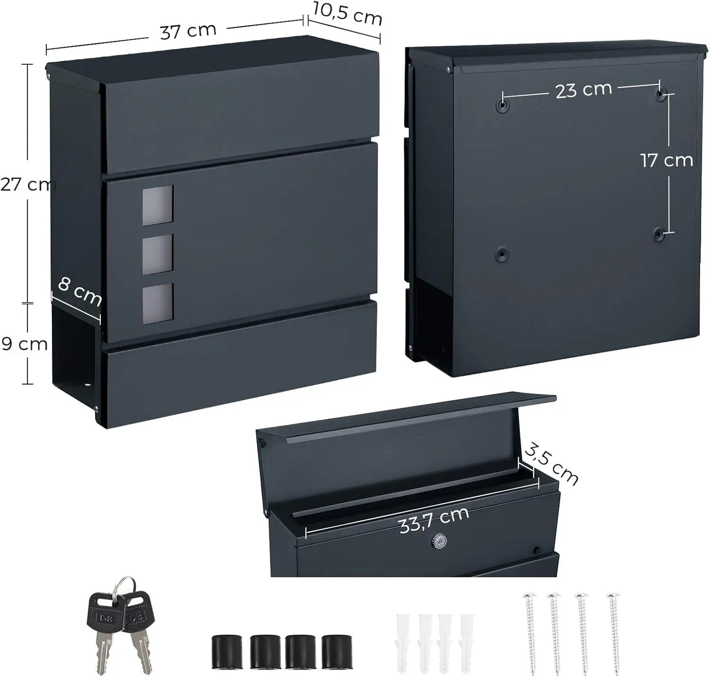 SONGMICS Modern Post Box - Wall Mounted Letterbox with Newspaper Holder & Lock - Metal Construction for UK Homes