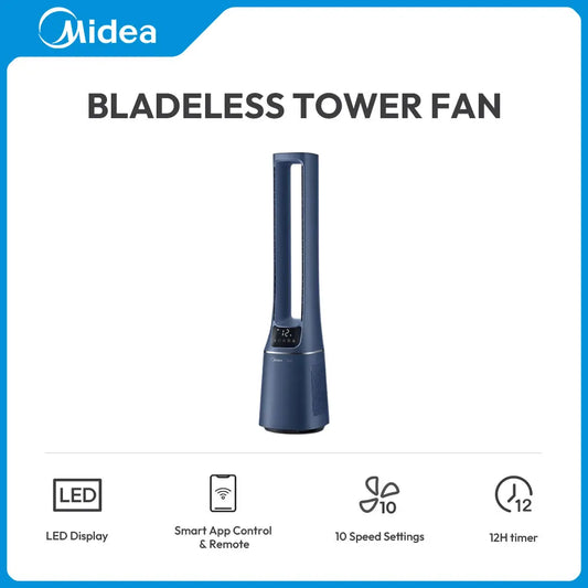 Midea 2-in-1 Bladeless Tower Fan with DC Motor – Ultra Quiet 10 Speeds LED Display App Control & Remote | COMFEE Smart