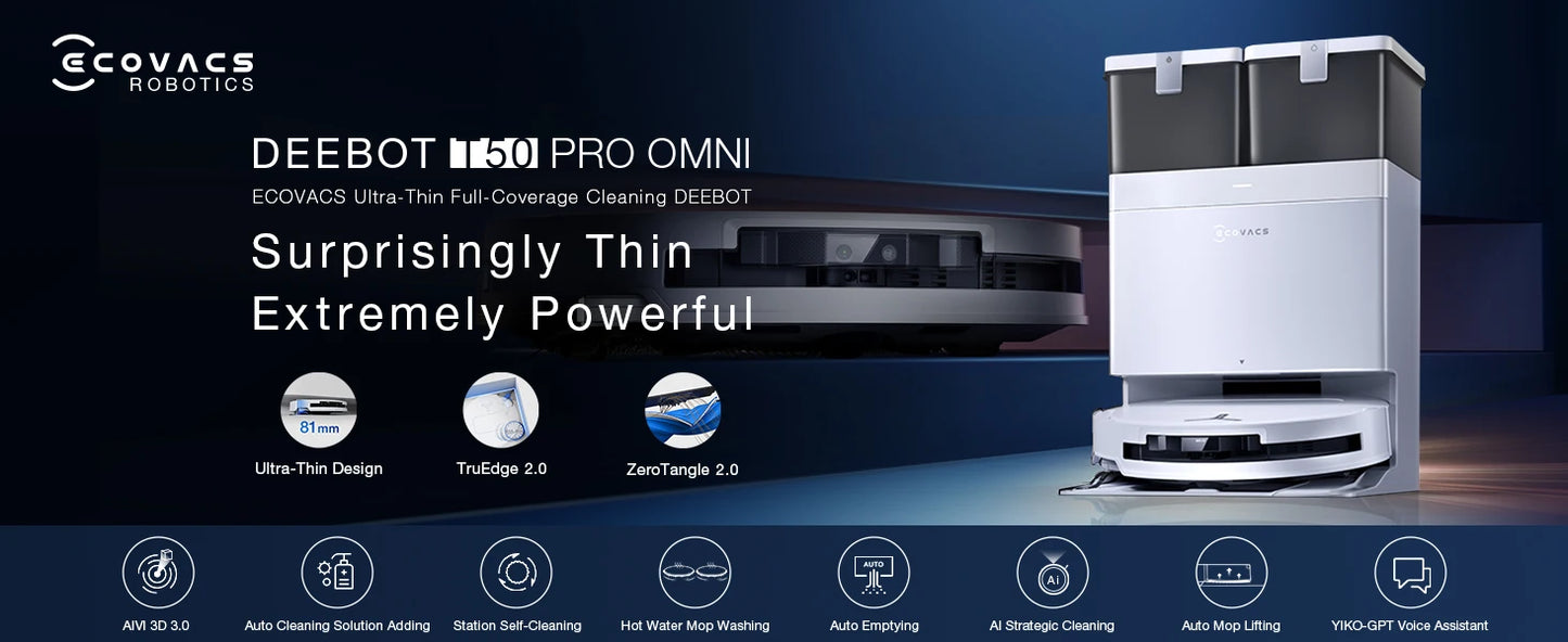 ECOVACS DEEBOT T50 PRO OMNI Robot Vacuum & Mop | 15,000Pa, TruEdge 2.0, ZeroTangle 2.0, OMNI Station — White