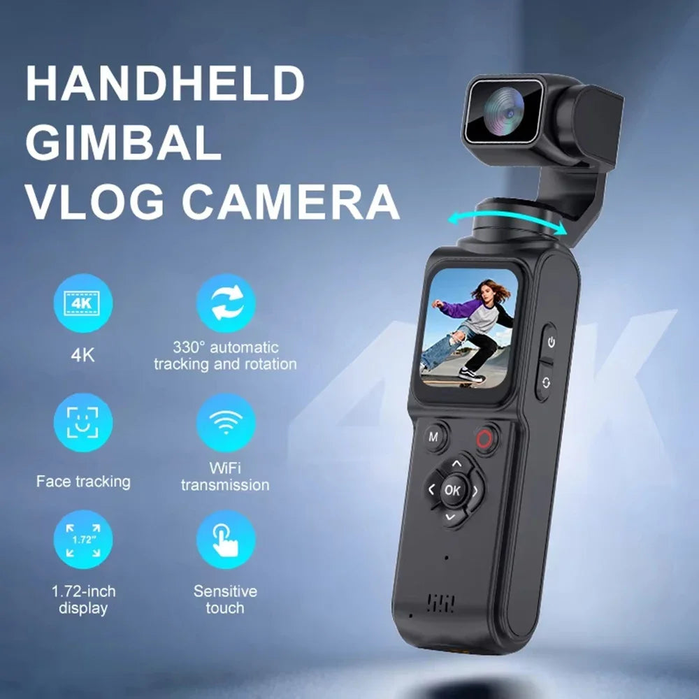 4K Pocket Gimbal Vlogging Camera | 330° Auto-Tracking, 18x Zoom, WiFi, 2400mAh, 30m Waterproof — Black or White