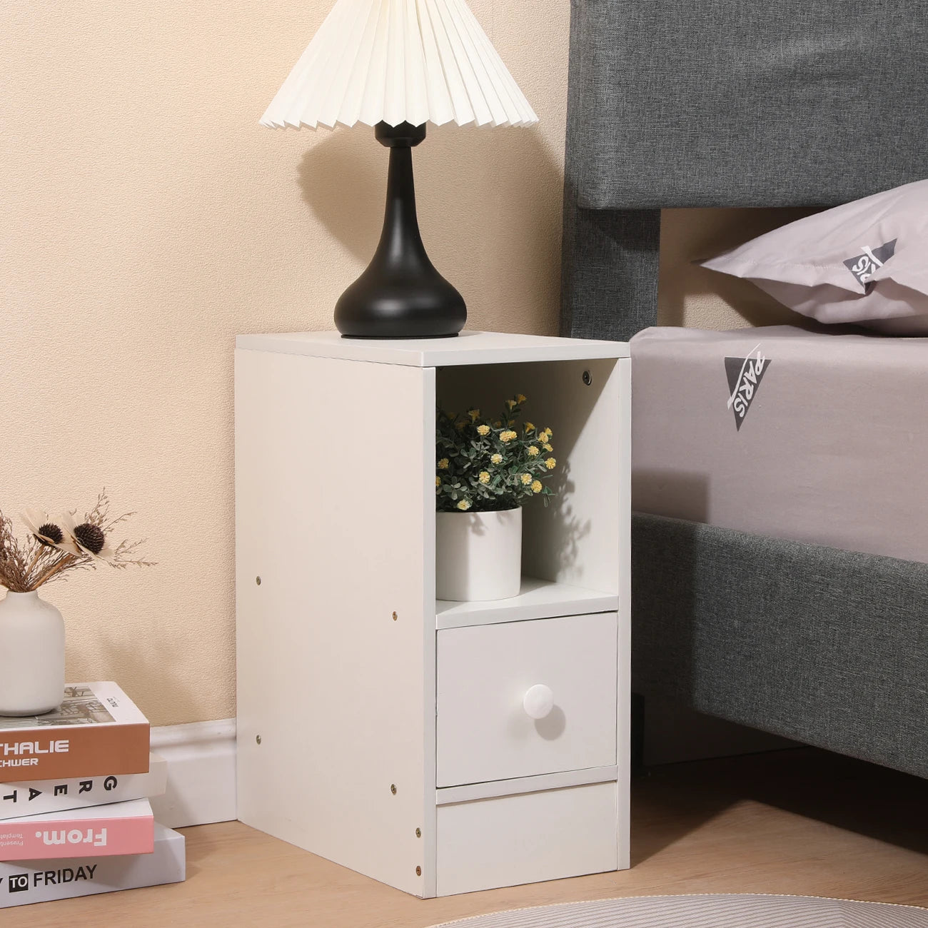 BonChoice Slim Tall Bedside Table Cabinet with Drawer & Storage Space for Bedroom, Narrow Sofa Side Table End Table