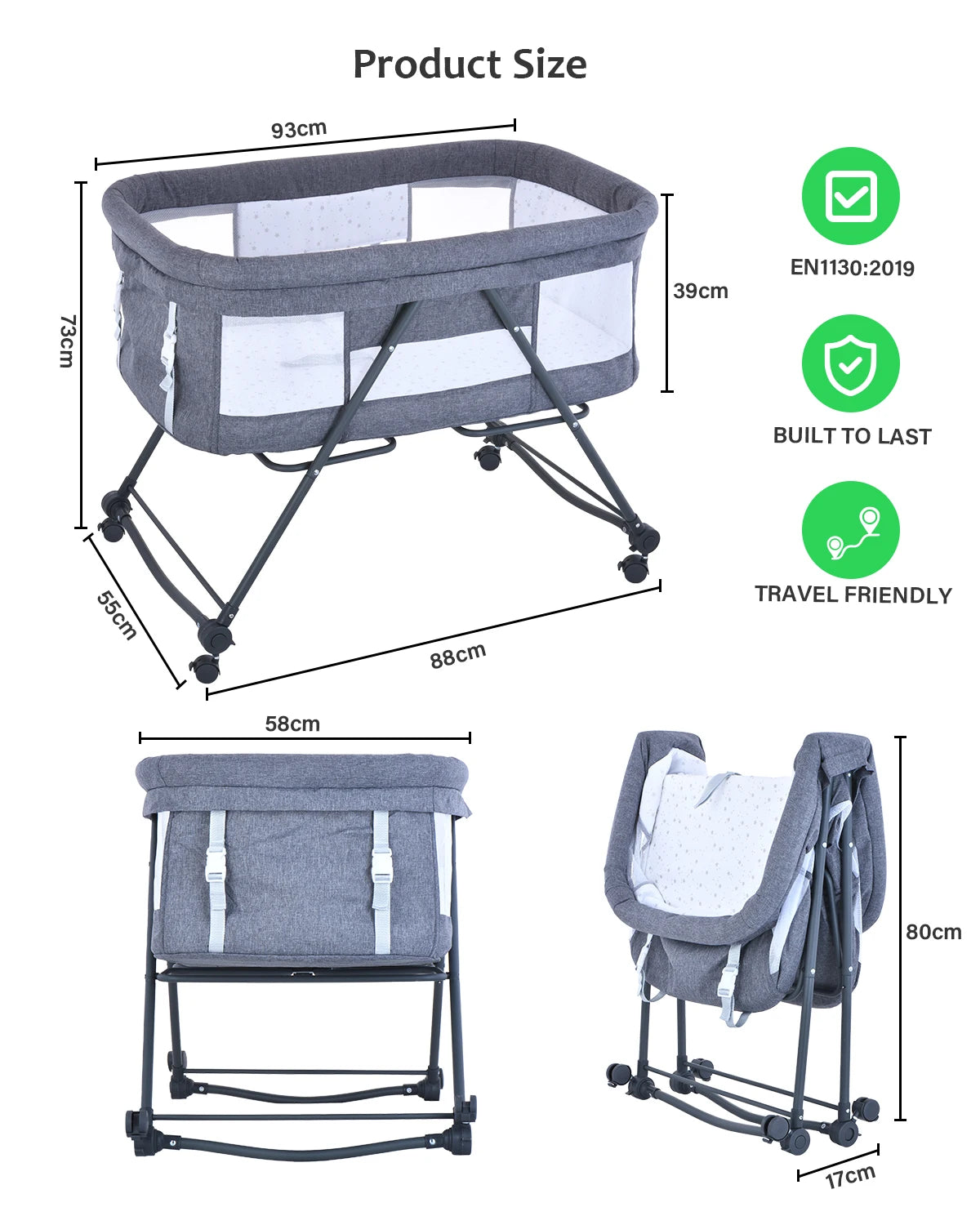 UBRAVOO Baby Grab-and-go Travel Cot with Mattress & Silent Wheels | Rocking Convertible Crib with Mesh Sides – Model