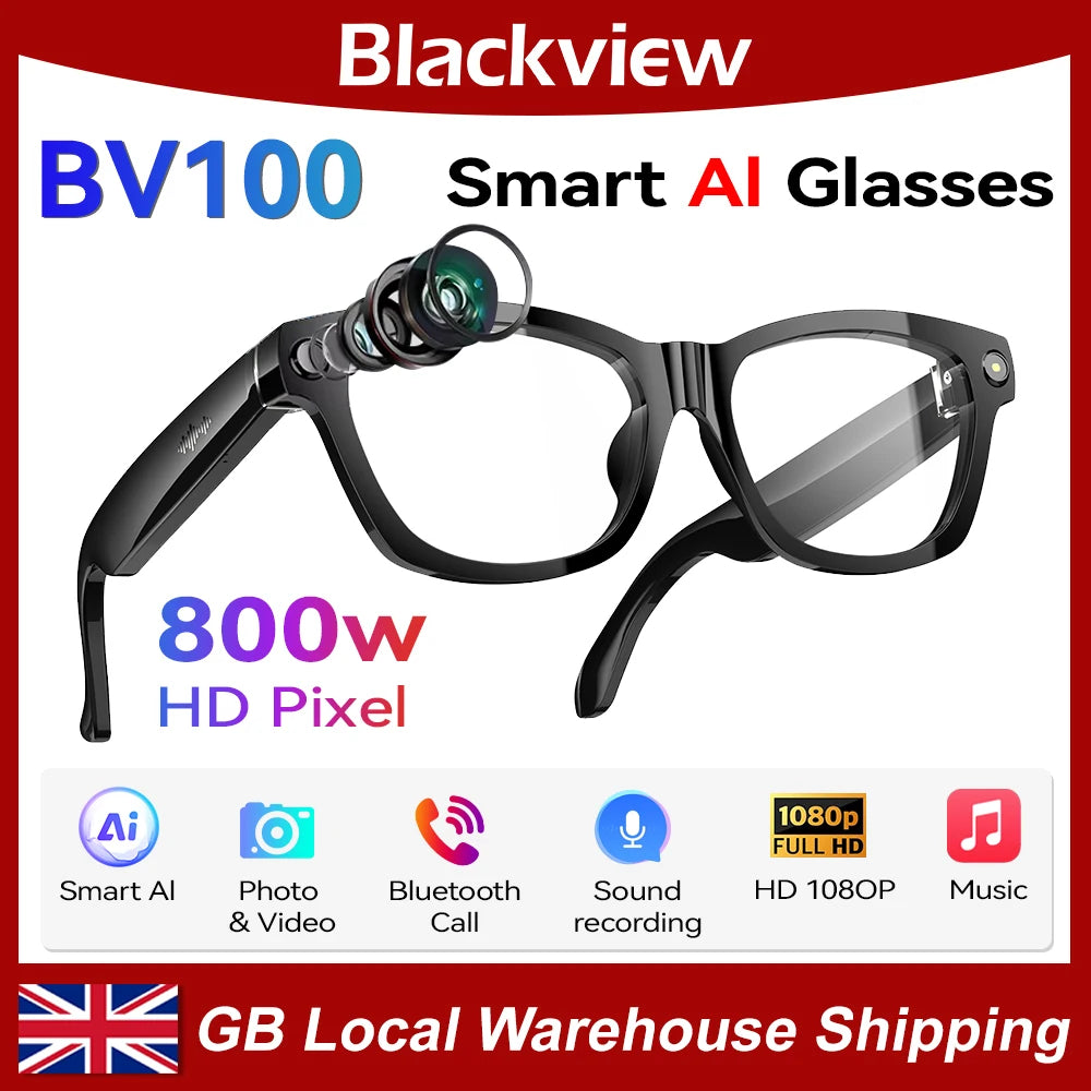 Blackview BV100 AI Smart Glasses | 8MP Camera, Bluetooth Calls, AI Translator & Voice Assistant — Sunglasses or Anti-Blue Light