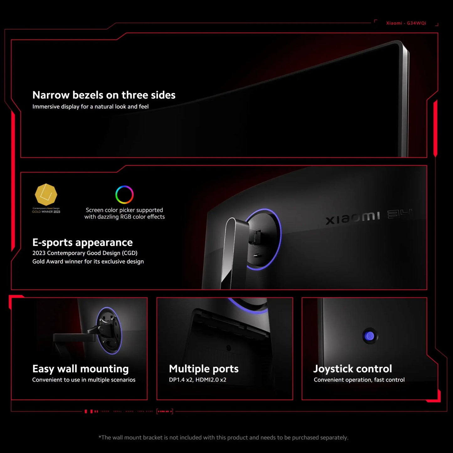 Xiaomi G34WQi 34" Ultrawide Curved Gaming Monitor | 180Hz, 1ms, 3440×1440 WQHD, 1500R, AMD FreeSync Premium — Black, UK Plug