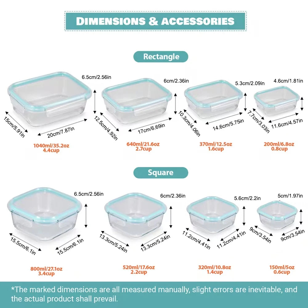 8-Pack Meal Prep Glass Containers with Airtight Lids | 4 Rectangle + 4 Square Sizes, BPA-Free, Microwave & Dishwasher Safe