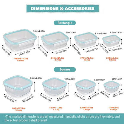 8-Pack Meal Prep Glass Containers with Airtight Lids | 4 Rectangle + 4 Square Sizes, BPA-Free, Microwave & Dishwasher Safe