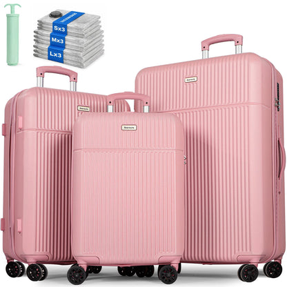 3-Piece ABS Hardshell Luggage Set | 21"+24"+28", TSA Lock, 4 Spinner Wheels, Telescopic Handle — Pink, Grey, Black, Blue or White
