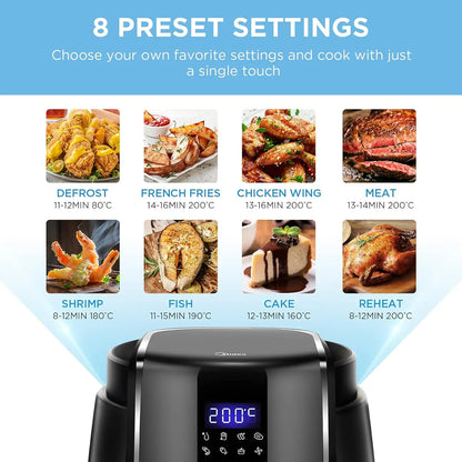 Midea 4L Touch Control Air Fryer with Digital Display – 8 Presets, 360° Air Flow Heating System, Detachable Basket – Oil-Free Cooking for Healthier Meals