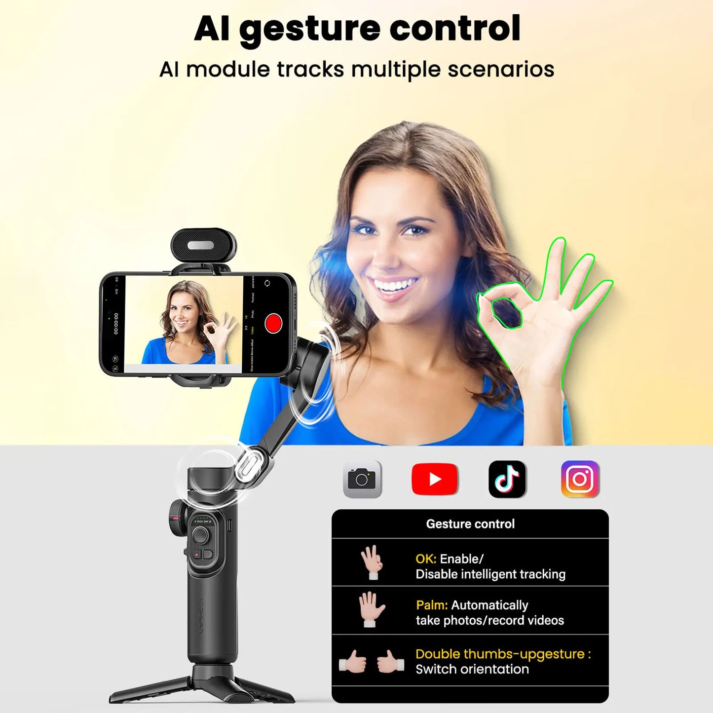 AOCHUAN Smart XE AI Gimbal - Professional Smartphone Stabilizer with No-App AI Tracking & Gesture Control - Perfect for TikTok & YouTube