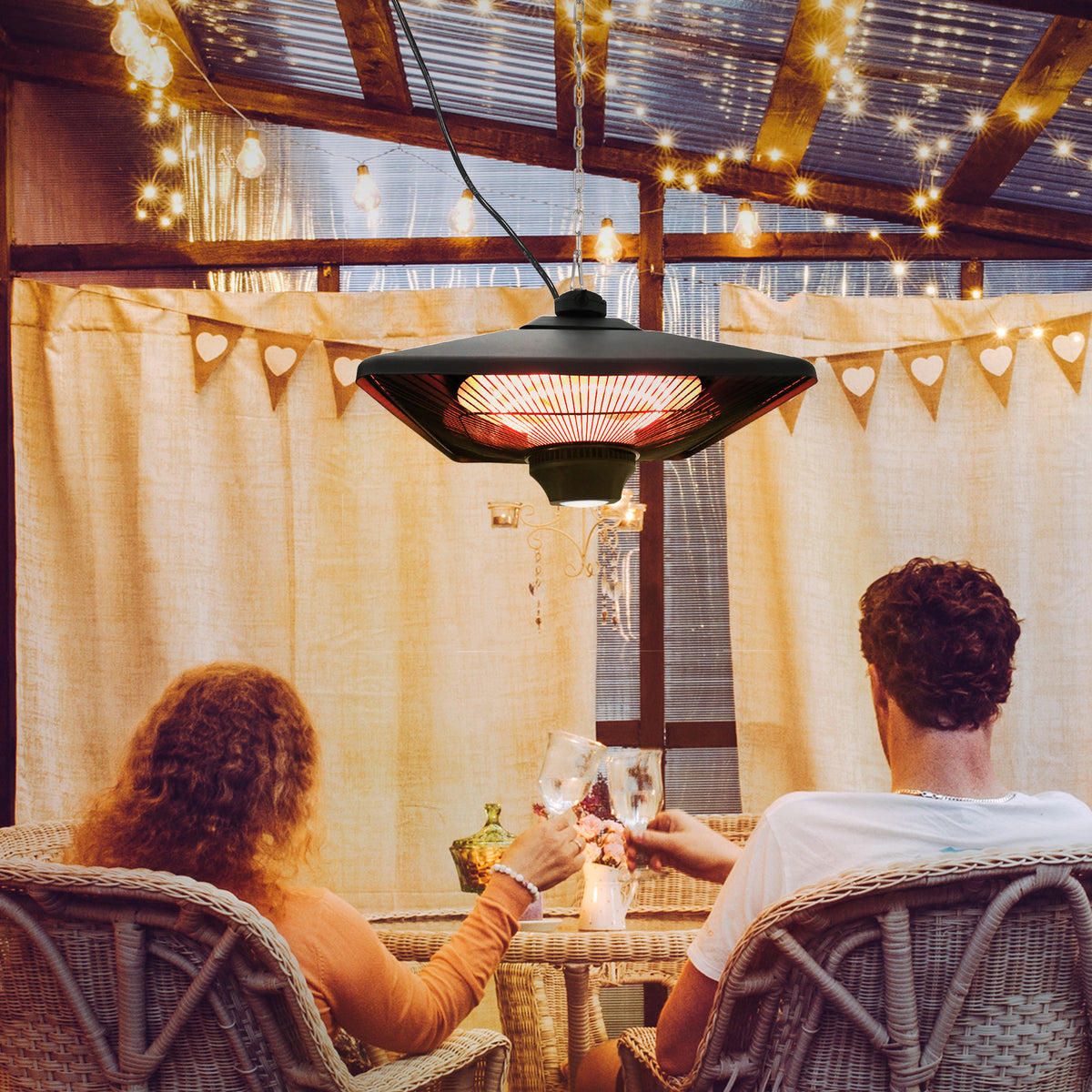 Outsunny Hanging Electric Patio Heater with 2 Power Settings, 1000/2000W Waterproof Ceiling Mounted Aluminium Halogen Infrared Outdoor Heater Warmer with LED Light and Remote Control, Black