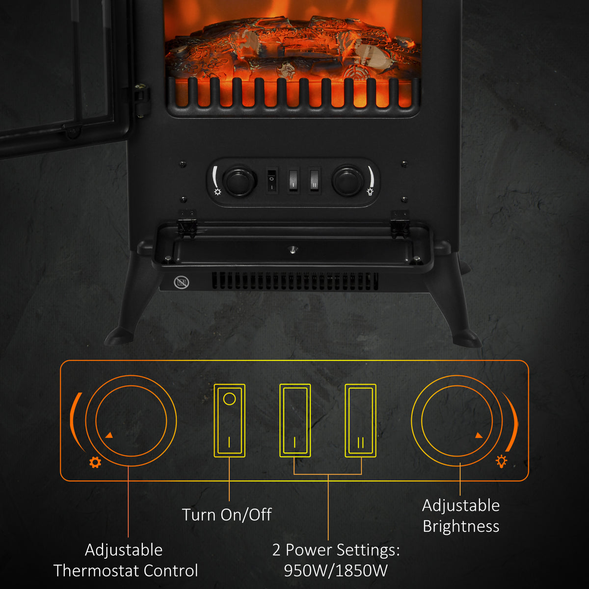 HOMCOM Freestanding Electric Fireplace Indoor Heater Glass View Log Wood Burning Effect Flame Portable Fireplace Stove 1000/2000W Black