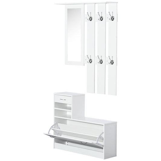 HOMCOM 2-Piece Hallway Storage Set with Mirror & 6 Hooks – White