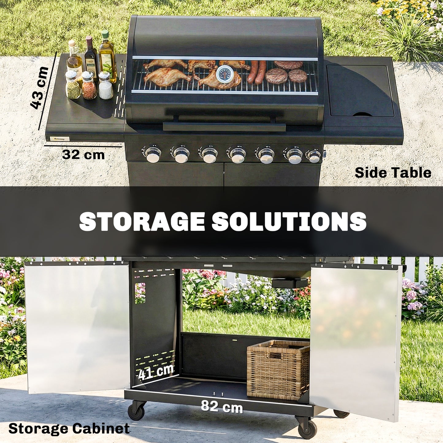 Outsunny six plus one burner gas barbecue grill in black - product view 7