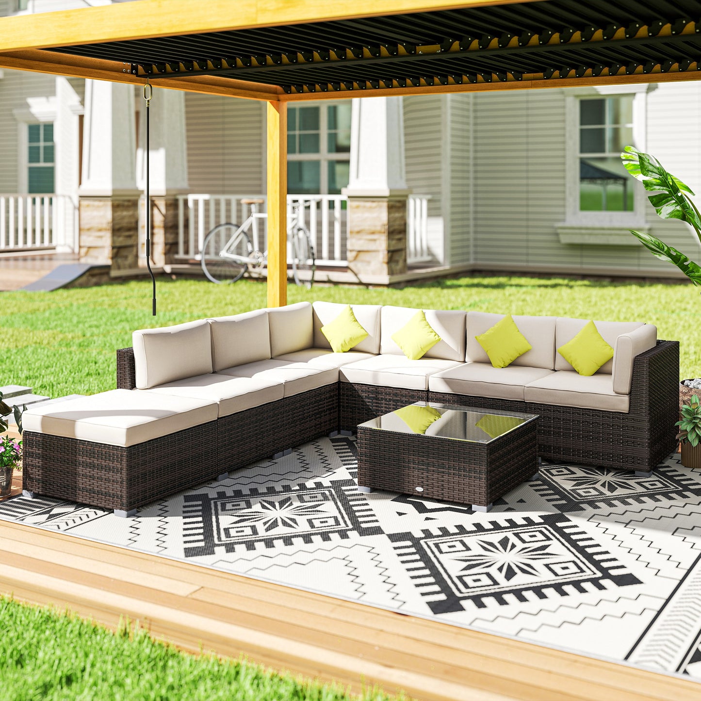 Outsunny 8-Piece Rattan Corner Sofa Set | Garden Furniture with Cushions & Glass Table