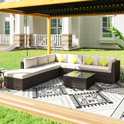 Outsunny 8-Piece Rattan Corner Sofa Set | Garden Furniture with Cushions & Glass Table