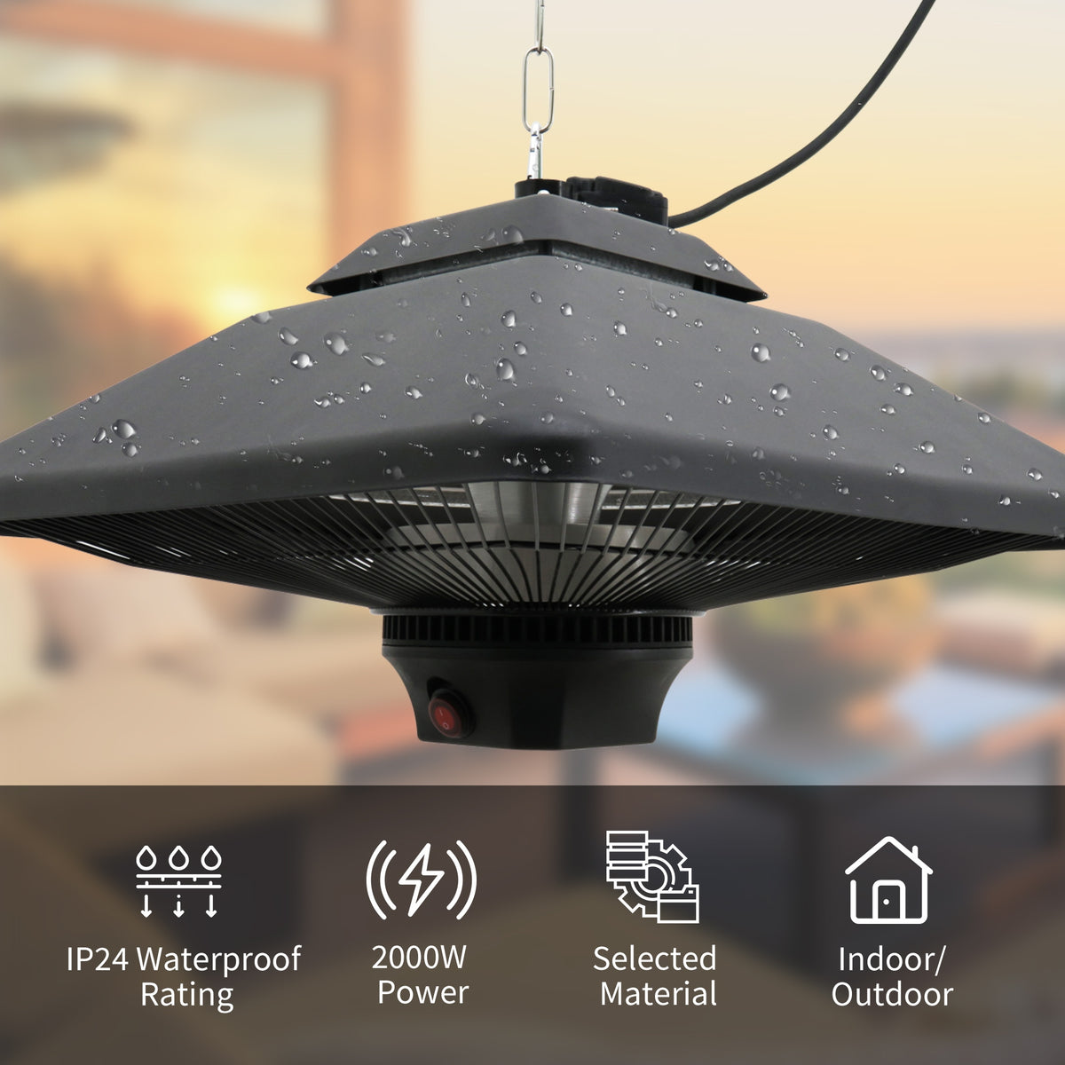 Outsunny Hanging Electric Patio Heater with 2 Power Settings, 1000/2000W Waterproof Ceiling Mounted Aluminium Halogen Infrared Outdoor Heater Warmer with LED Light and Remote Control, Black